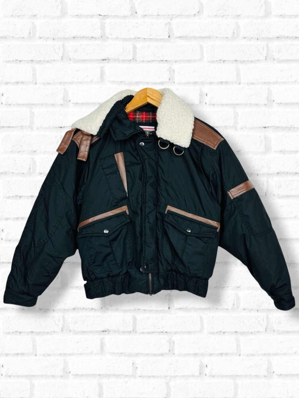 Vintage 90s Quilted Aviator Sherpa Collar Faux Leather Full Zip Up Bomber Jacket